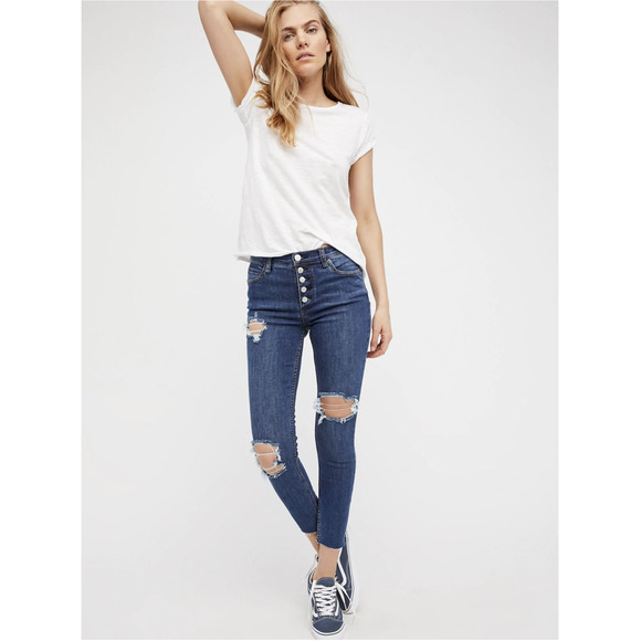 Free People Denim - Free People Destroyed Reagan Button Front Fly High Rise Raw Hem Skinny Jeans